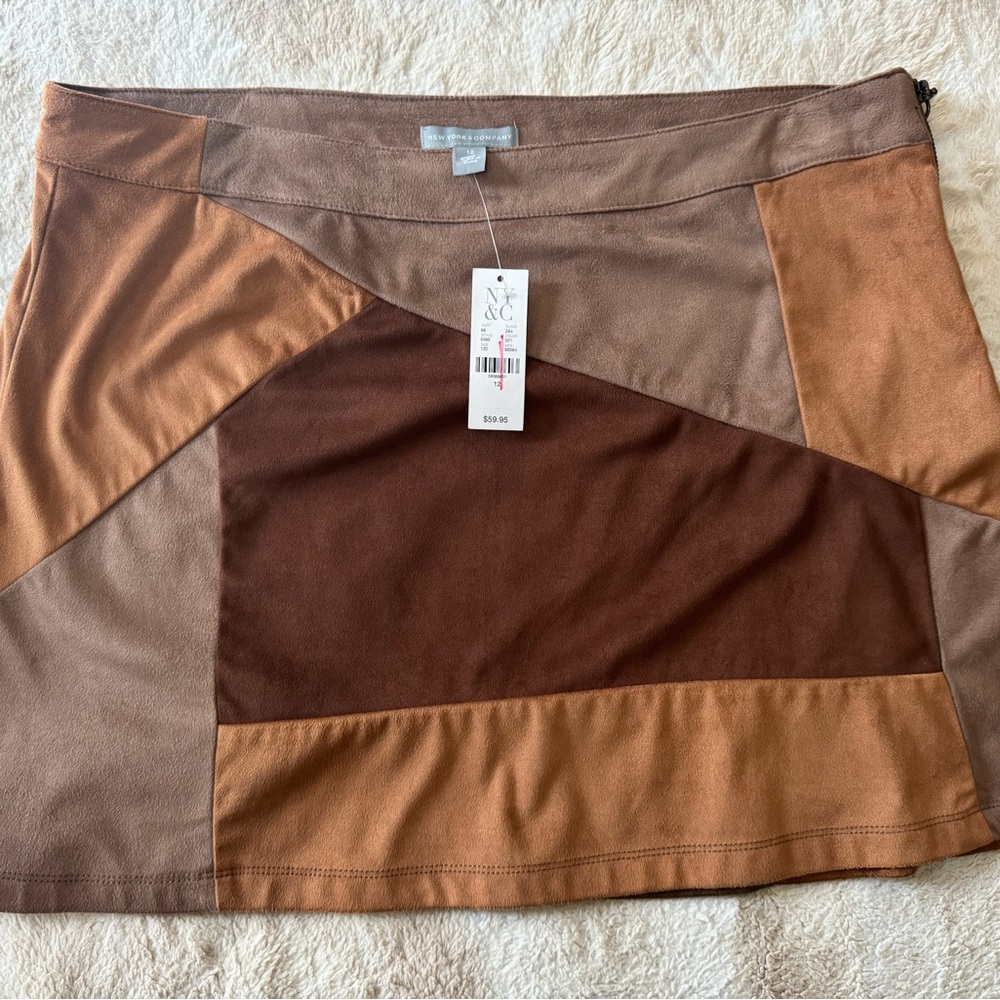 NWT New York & Company BOHO Colorblock Brown Faux Suede Mini Skirt